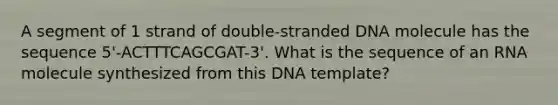 A segment of 1 strand of double-stranded DNA molecule has the sequence 5'-ACTTTCAGCGAT-3'. What is the sequence of an RNA molecule synthesized from this DNA template?