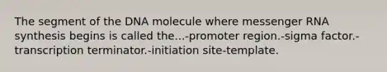 The segment of the DNA molecule where messenger RNA synthesis begins is called the...-promoter region.-sigma factor.-transcription terminator.-initiation site-template.