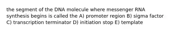 the segment of the DNA molecule where messenger RNA synthesis begins is called the A) promoter region B) sigma factor C) transcription terminator D) initiation stop E) template