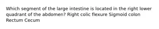 Which segment of the <a href='https://www.questionai.com/knowledge/kGQjby07OK-large-intestine' class='anchor-knowledge'>large intestine</a> is located in the right lower quadrant of the abdomen? Right colic flexure Sigmoid colon Rectum Cecum