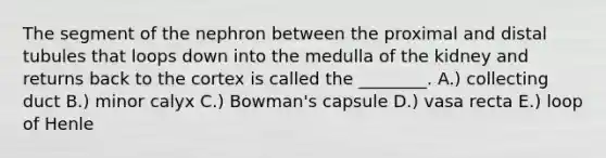 The segment of the nephron between the proximal and distal tubules that loops down into the medulla of the kidney and returns back to the cortex is called the ________. A.) collecting duct B.) minor calyx C.) Bowman's capsule D.) vasa recta E.) loop of Henle