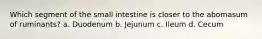 Which segment of the small intestine is closer to the abomasum of ruminants? a. Duodenum b. Jejunum c. Ileum d. Cecum