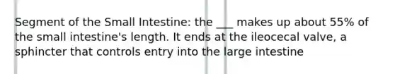 Segment of the Small Intestine: the ___ makes up about 55% of the small intestine's length. It ends at the ileocecal valve, a sphincter that controls entry into the large intestine