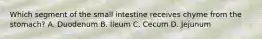 Which segment of the small intestine receives chyme from the stomach? A. Duodenum B. Ileum C. Cecum D. Jejunum