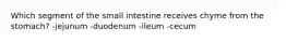 Which segment of the small intestine receives chyme from the stomach? -jejunum -duodenum -ileum -cecum