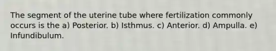 The segment of the uterine tube where fertilization commonly occurs is the a) Posterior. b) Isthmus. c) Anterior. d) Ampulla. e) Infundibulum.