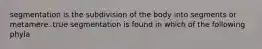 segmentation is the subdivision of the body into segments or metamere. true segmentation is found in which of the following phyla