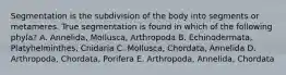 Segmentation is the subdivision of the body into segments or metameres. True segmentation is found in which of the following phyla? A. Annelida, Mollusca, Arthropoda B. Echinodermata, Platyhelminthes, Cnidaria C. Mollusca, Chordata, Annelida D. Arthropoda, Chordata, Porifera E. Arthropoda, Annelida, Chordata