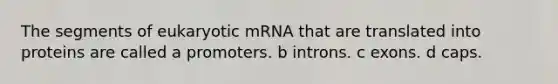 The segments of eukaryotic mRNA that are translated into proteins are called a promoters. b introns. c exons. d caps.