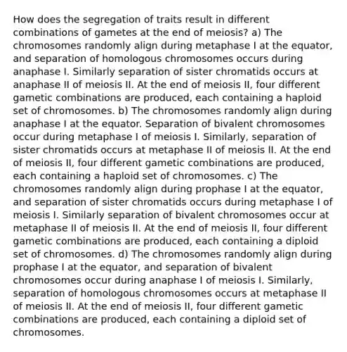 How does the segregation of traits result in different combinations of gametes at the end of meiosis? a) The chromosomes randomly align during metaphase I at the equator, and separation of homologous chromosomes occurs during anaphase I. Similarly separation of sister chromatids occurs at anaphase II of meiosis II. At the end of meiosis II, four different gametic combinations are produced, each containing a haploid set of chromosomes. b) The chromosomes randomly align during anaphase I at the equator. Separation of bivalent chromosomes occur during metaphase I of meiosis I. Similarly, separation of sister chromatids occurs at metaphase II of meiosis II. At the end of meiosis II, four different gametic combinations are produced, each containing a haploid set of chromosomes. c) The chromosomes randomly align during prophase I at the equator, and separation of sister chromatids occurs during metaphase I of meiosis I. Similarly separation of bivalent chromosomes occur at metaphase II of meiosis II. At the end of meiosis II, four different gametic combinations are produced, each containing a diploid set of chromosomes. d) The chromosomes randomly align during prophase I at the equator, and separation of bivalent chromosomes occur during anaphase I of meiosis I. Similarly, separation of homologous chromosomes occurs at metaphase II of meiosis II. At the end of meiosis II, four different gametic combinations are produced, each containing a diploid set of chromosomes.