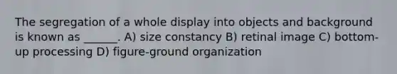 The segregation of a whole display into objects and background is known as ______. A) size constancy B) retinal image C) bottom-up processing D) figure-ground organization