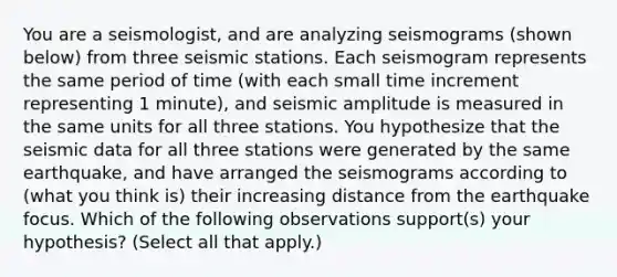 You are a seismologist, and are analyzing seismograms (shown below) from three seismic stations. Each seismogram represents the same period of time (with each small time increment representing 1 minute), and seismic amplitude is measured in the same units for all three stations. You hypothesize that the seismic data for all three stations were generated by the same earthquake, and have arranged the seismograms according to (what you think is) their increasing distance from the earthquake focus. Which of the following observations support(s) your hypothesis? (Select all that apply.)