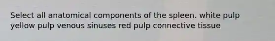 Select all anatomical components of the spleen. white pulp yellow pulp venous sinuses red pulp connective tissue