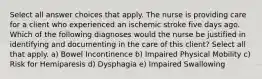 Select all answer choices that apply. The nurse is providing care for a client who experienced an ischemic stroke five days ago. Which of the following diagnoses would the nurse be justified in identifying and documenting in the care of this client? Select all that apply. a) Bowel Incontinence b) Impaired Physical Mobility c) Risk for Hemiparesis d) Dysphagia e) Impaired Swallowing