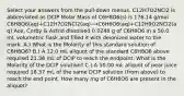 Select your answers from the pull‑down menus. C12H7O2NCl2 is abbreviated as DCIP Molar Mass of C6H8O6(s) is 176.14 g/mol C6H8O6(aq)+C12H7O2NCl2(aq)⟶C6H6O6(aq)+C12H9O2NCl2(aq) Ace, Corby & Astrid dissolved 0.0248 g of C6H8O6 in a 50.0 mL volumetric flask and filled it with deionized water to the mark. A.) What is the Molarity of this standard solution of C6H8O6? B.) A 12.0 mL aliquot of the standard C6H8O6 above required 21.36 mL of DCIP to reach the endpoint. What is the Molarity of the DCIP solution? C.) A 10.00 mL aliquot of pear juice required 18.37 mL of the same DCIP solution (from above) to reach the end point. How many mg of C6H8O6 are present in the aliquot?