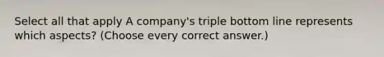 Select all that apply A company's triple bottom line represents which aspects? (Choose every correct answer.)