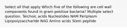 Select all that apply Which five of the following are cell wall components found in gram-positive bacteria? Multiple select question. Teichoic acids Nucleotides NAM Periplasm Lipopolysaccharide NAG Amino acids Stem peptide