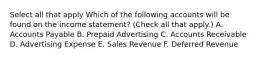 Select all that apply Which of the following accounts will be found on the income statement? (Check all that apply.) A. Accounts Payable B. Prepaid Advertising C. Accounts Receivable D. Advertising Expense E. Sales Revenue F. Deferred Revenue