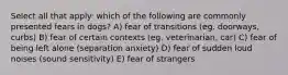 Select all that apply: which of the following are commonly presented fears in dogs? A) fear of transitions (eg. doorways, curbs) B) fear of certain contexts (eg. veterinarian, car) C) fear of being left alone (separation anxiety) D) fear of sudden loud noises (sound sensitivity) E) fear of strangers