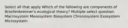 Select all that apply Which of the following are components of Bronfenbrenner's ecological theory? Multiple select question. Macrosystem Mesosystem Biosystem Chronosystem Exosystem Microsystem