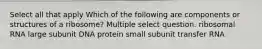 Select all that apply Which of the following are components or structures of a ribosome? Multiple select question. ribosomal RNA large subunit DNA protein small subunit transfer RNA