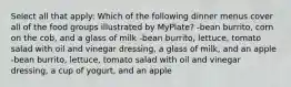 Select all that apply: Which of the following dinner menus cover all of the food groups illustrated by MyPlate? -bean burrito, corn on the cob, and a glass of milk -bean burrito, lettuce, tomato salad with oil and vinegar dressing, a glass of milk, and an apple -bean burrito, lettuce, tomato salad with oil and vinegar dressing, a cup of yogurt, and an apple