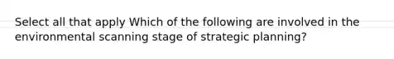 Select all that apply Which of the following are involved in the environmental scanning stage of strategic planning?