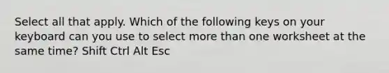 Select all that apply. Which of the following keys on your keyboard can you use to select more than one worksheet at the same time? Shift Ctrl Alt Esc