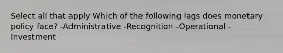 Select all that apply Which of the following lags does monetary policy face? -Administrative -Recognition -Operational -Investment