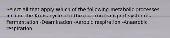 Select all that apply Which of the following metabolic processes include the <a href='https://www.questionai.com/knowledge/kqfW58SNl2-krebs-cycle' class='anchor-knowledge'>krebs cycle</a> and the <a href='https://www.questionai.com/knowledge/kbvjAonm6A-electron-transport-system' class='anchor-knowledge'>electron transport system</a>? -Fermentation -Deamination -Aerobic respiration -Anaerobic respiration