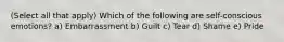 (Select all that apply) Which of the following are self-conscious emotions? a) Embarrassment b) Guilt c) Tear d) Shame e) Pride