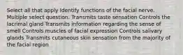 Select all that apply Identify functions of the facial nerve. Multiple select question. Transmits taste sensation Controls the lacrimal gland Transmits information regarding the sense of smell Controls muscles of facial expression Controls salivary glands Transmits cutaneous skin sensation from the majority of the facial region