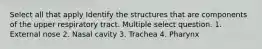 Select all that apply Identify the structures that are components of the upper respiratory tract. Multiple select question. 1. External nose 2. Nasal cavity 3. Trachea 4. Pharynx