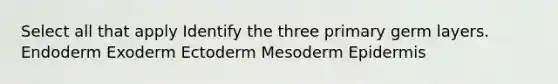 Select all that apply Identify the three primary germ layers. Endoderm Exoderm Ectoderm Mesoderm Epidermis