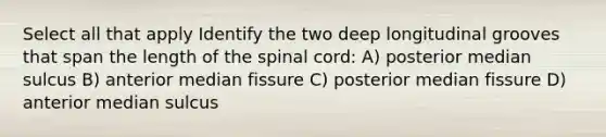 Select all that apply Identify the two deep longitudinal grooves that span the length of the spinal cord: A) posterior median sulcus B) anterior median fissure C) posterior median fissure D) anterior median sulcus