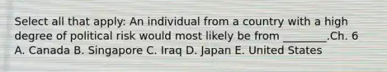 Select all that apply: An individual from a country with a high degree of political risk would most likely be from​ ________.Ch. 6 A. Canada B. Singapore C. Iraq D. Japan E. United States