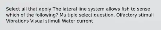 Select all that apply The lateral line system allows fish to sense which of the following? Multiple select question. Olfactory stimuli Vibrations Visual stimuli Water current