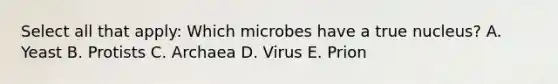 Select all that apply: Which microbes have a true nucleus? A. Yeast B. Protists C. Archaea D. Virus E. Prion