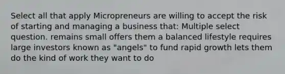 Select all that apply Micropreneurs are willing to accept the risk of starting and managing a business that: Multiple select question. remains small offers them a balanced lifestyle requires large investors known as "angels" to fund rapid growth lets them do the kind of work they want to do