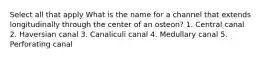 Select all that apply What is the name for a channel that extends longitudinally through the center of an osteon? 1. Central canal 2. Haversian canal 3. Canaliculi canal 4. Medullary canal 5. Perforating canal