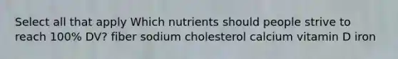 Select all that apply Which nutrients should people strive to reach 100% DV? fiber sodium cholesterol calcium vitamin D iron