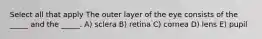 Select all that apply The outer layer of the eye consists of the _____ and the _____. A) sclera B) retina C) cornea D) lens E) pupil