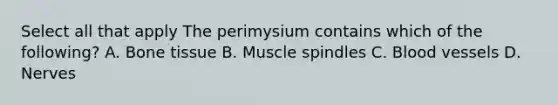 Select all that apply The perimysium contains which of the following? A. Bone tissue B. Muscle spindles C. Blood vessels D. Nerves