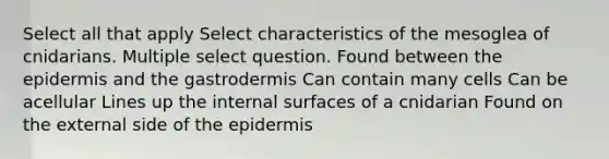 Select all that apply Select characteristics of the mesoglea of cnidarians. Multiple select question. Found between the epidermis and the gastrodermis Can contain many cells Can be acellular Lines up the internal surfaces of a cnidarian Found on the external side of the epidermis