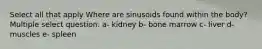 Select all that apply Where are sinusoids found within the body? Multiple select question. a- kidney b- bone marrow c- liver d- muscles e- spleen