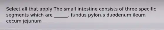 Select all that apply The small intestine consists of three specific segments which are ______. fundus pylorus duodenum ileum cecum jejunum