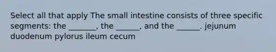 Select all that apply The small intestine consists of three specific segments: the _______, the ______, and the ______. jejunum duodenum pylorus ileum cecum