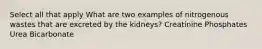 Select all that apply What are two examples of nitrogenous wastes that are excreted by the kidneys? Creatinine Phosphates Urea Bicarbonate