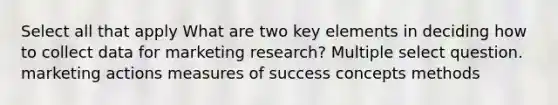 Select all that apply What are two key elements in deciding how to collect data for marketing research? Multiple select question. marketing actions measures of success concepts methods