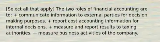 [Select all that apply] The two roles of financial accounting are to: + communicate information to external parties for decision making purposes. + report cost accounting information for internal decisions. + measure and report results to taxing authorities. + measure business activities of the company.